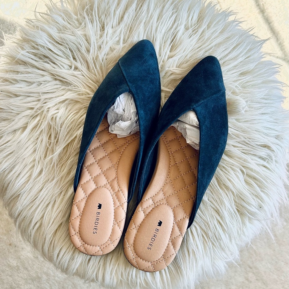 Birdies Teal Suede Pointed Toe Slip-On Flats